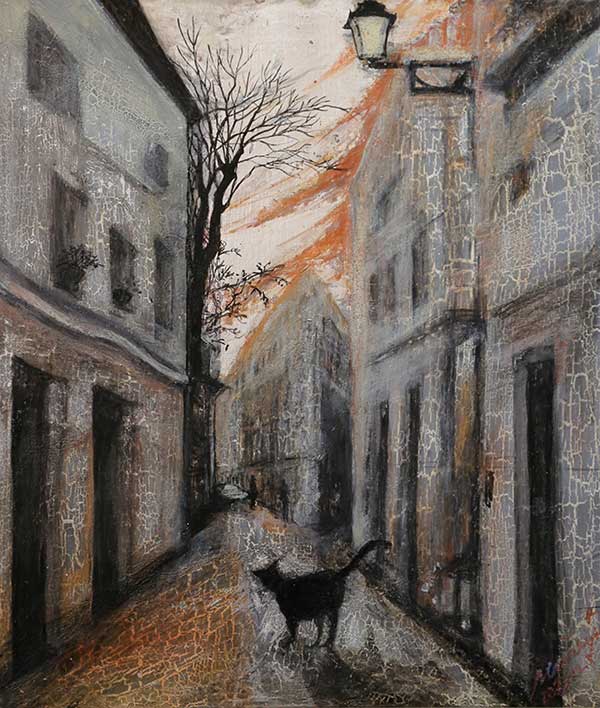 CHat noir à Montmartre - technique mixte sur toile 530x455mm