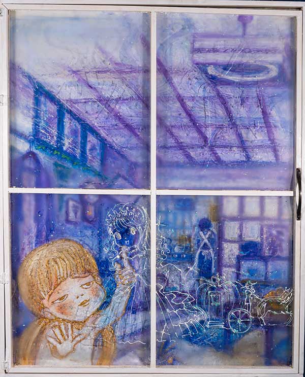 La princesse à la fenêtre - technique mixte sur toile avec la fenêtre amovible 909x727mm