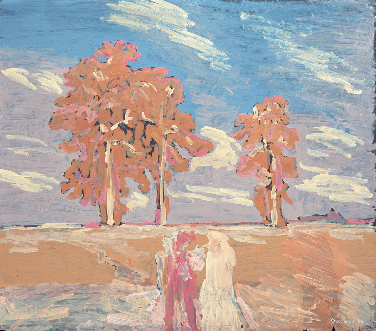 « Sur le Chemin de Mourom se dressaient trois pins… ». Les Champs clairs et les pins. Acrylique, Huile sur papier, 103 x 120 cm, 2002