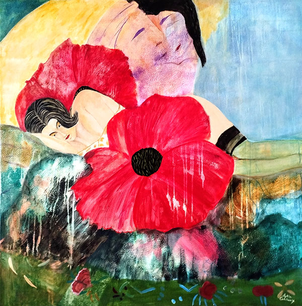Femme coquelicot, acrylique sur toile, 100 x 100 cm